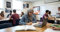 Young Middle Eastern woman in hijab studying with laptop and textbook in diverse university classroom with students and teacher.