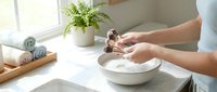 Woman hands washing white ceramic bowl in modern kitchen sink with natural light and green plant creating peaceful domestic cleaning routine.