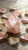 Rose quartz crystal cluster surrounded by delicate pink and cream rose petals on rustic wooden surface for healing meditation and spiritual wellness practices.