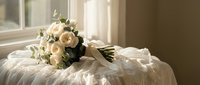 Elegant bridal bouquet of white roses and eucalyptus tied with ribbon, resting on soft fabric near a sunlit window in a warm, romantic setting.