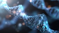 Glowing DNA strand with connected dots and lines on dark background showing genetic research and molecular structure in blue tones. Scientific concept.