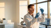 Middle-aged Asian male scientist in white lab coat examining test tube sample in modern laboratory with natural lighting for medical research.