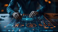 Engineer working on glowing blue technical drawings and blueprints at night desk with digital interface elements and ambient lighting for technology concept.