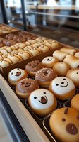 Cute smiling donuts and macarons with happy faces displayed in bakery showcase. Chocolate and vanilla glazed pastries decorated with kawaii expressions and sprinkles.