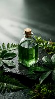 Green herbal essential oil in glass bottle with cork stopper surrounded by fresh fern leaves and water droplets on dark stone surface for spa treatments.
