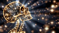 Glowing golden skull with spine against dark background illuminated by magical light rays and sparkles, creating mystical cosmic atmosphere. For fantasy art and decoration.