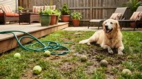 Golden retriever dog sitting in backyard garden with muddy paws after digging holes in lawn, tennis balls and water hose nearby on grass.