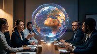 Business team meeting with holographic Earth globe projection displaying global network connections in modern conference room.
