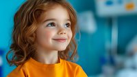 Young girl with curly brown hair wearing orange t-shirt smiling and looking up with hopeful expression against blurred blue background. Positive childhood moment.