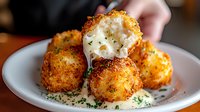 Crispy breaded mac and cheese balls with melted cheese center served on white plate with creamy sauce and fresh herbs garnish. Comfort food appetizer.