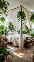 Boho bedroom with wooden canopy bed, white curtains and lush tropical houseplants creating serene natural indoor sanctuary for relaxation and sleep.
