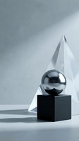 Modern minimalist composition with chrome sphere on black cube and crystal pyramid against soft gray background for contemporary design projects.
