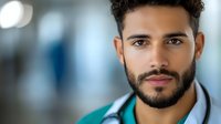 Young mixed race male medical professional with beard wearing scrubs and stethoscope looking confidently at camera in hospital corridor with blurred background.