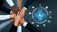 Business team hands together with AI artificial intelligence technology icons representing collaboration and digital transformation in workplace.