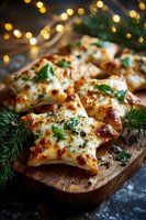 Star-shaped cheese pastries garnished with herbs on wooden board with festive pine branches and bokeh lights in background.
