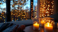 Cozy winter evening atmosphere with glowing candles in glass holders, warm knitted blanket against window with blurred festive lights bokeh background.