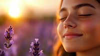 Young woman with closed eyes enjoying sunset in blooming lavender field, peaceful meditation moment with purple flowers and golden sunlight.