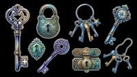 Antique brass and bronze ornamental keys, locks, and decorative metal hardware isolated on transparent background, ready for t-shirt designs, clipart, stickers, and print-on-demand products.