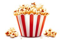 Fresh popcorn in classic red and white striped container with scattered kernels, isolated on white background for entertainment and movie designs.