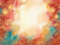 Festive watercolor background with golden lanterns, ornamental flourishes, and blooming flowers in red, pink, and teal tones creating a luminous center space for text or design elements.