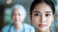 Young Asian woman with natural makeup and serene expression in foreground with elderly person blurred in background, representing family bonds and generations.