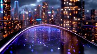Blurred city lights reflected on wet curved surface at night with purple and blue bokeh effect creating dreamy urban atmosphere. Suitable for backgrounds.