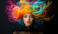 Young woman with vibrant rainbow colored hair flowing dramatically against dark background, wearing black turtleneck. Creative fashion portrait with multicolored hairstyle.
