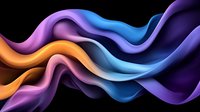 Abstract flowing waves in vibrant gradient colors of purple, blue and orange creating dynamic motion against black background for modern design projects.