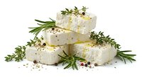 Soft white cheese wheels with fresh herbs and spices on white background, isolated for culinary design and gourmet food packaging projects.