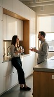 Young couple having morning coffee conversation in modern white kitchen with wood accents and natural lighting for home lifestyle content.