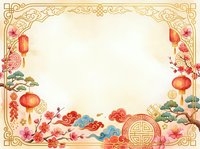 Ornate golden frame with red lanterns, peonies, and traditional Asian motifs on cream background. Isolated design element suitable for invitations, greeting cards, and festive publications.