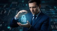 Professional businessman in suit protecting glowing digital lock symbol representing cybersecurity and data protection in modern technology environment.