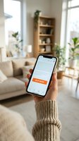 Woman's hand holding smartphone with buy now button on screen, online shopping app in cozy living room interior background.