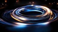Glowing spiral light trails create dynamic circular motion effect against dark background with blue and orange luminous streaks, suitable for technology concepts.