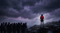 Silhouetted figure in red jacket standing alone on rocky mountain peak facing crowd below during dramatic stormy purple sky with heavy clouds.