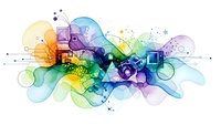 Abstract colorful digital composition with geometric shapes, circles and flowing elements on white background for modern creative projects.