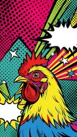 Colorful rooster in pop art comic book style with halftone dots and burst elements on vibrant background for retro design projects.