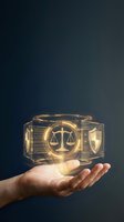 Hand holding glowing holographic legal justice scales with shield symbols representing law protection and digital legal services technology.