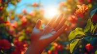 Open palm reaching toward bright sunlight through red blooming flowers and green leaves, creating magical atmospheric garden scene with natural lens flare effect.