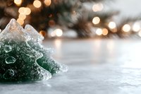 Frosted evergreen tree ornament with crystalline ice coating sits on snowy surface, blurred warm lights and pine branches in background, festive holiday decoration scene.
