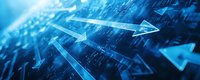Glowing blue arrows moving through digital matrix background with binary code pattern, representing data flow and digital transformation in technology.