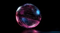 Glowing digital sphere with binary code and data streams in pink and blue neon colors floating on dark background, futuristic technology concept.