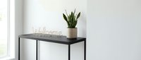 Minimalist entryway console table with a snake plant in a woven pot and a wire welcome sign against a white wall.