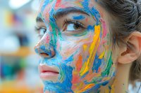 Young woman with vibrant face paint in blue, yellow, and pink colors looking to side, artistic makeup close-up portrait showing creative expression and modern beauty.