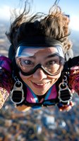 Young woman skydiver with goggles and harness smiling during freefall with hair flowing in wind and landscape below for extreme sports content.