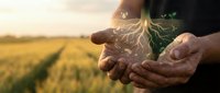 Farmer hands protecting young plant with glowing roots in agricultural field at sunset, symbolizing sustainable farming and environmental care concept.
