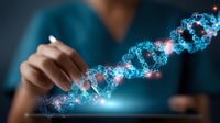 Scientist in blue scrubs interacting with glowing digital DNA helix hologram above tablet screen, demonstrating genetic research and biotechnology advancement.