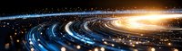Glowing curved light trails with particles creating dynamic motion effect against dark background, blue and golden streaks forming abstract technological pattern.