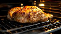 Juicy chicken breast with golden crust and herbs cooking on black grill grate in oven, macro food photography with selective focus and warm lighting.