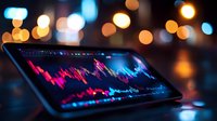 Stock market data visualization on digital tablet screen with colorful bokeh lights in background showing financial trading charts and analysis.